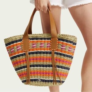 New Scotch & Soda Straw Raffia Lg Pink Blue Striped Woven 'Stay Sunny' Tote Bag